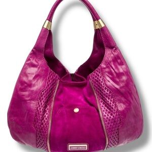 Jimmy Choo Mandah Hobo Expandable Hobo Shoulder Bag Fuchsia Pink Leather & Suede